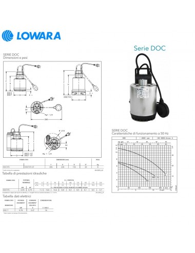 Pompa sommergibile Lowara acque chiare monofase HP 0,75 KW 0,55 serie DOC7/A