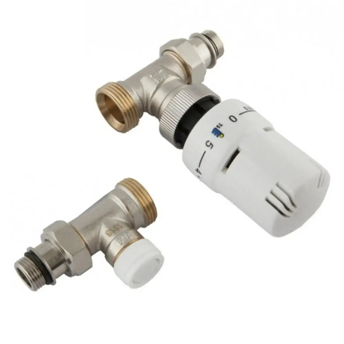 Kit termostatico Ercos con valvola termostatica e detentore diritti allacci 1/2" per radiatori Ercos